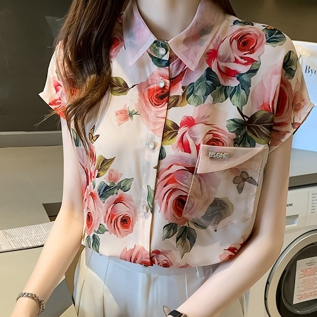 เสื้อชีฟองพิมพ์ลายแขนสั้น สไตล์เกาหลี ใส่สบาย เหมาะกับแฟชั่นผู้หญิงฤดูร้อน