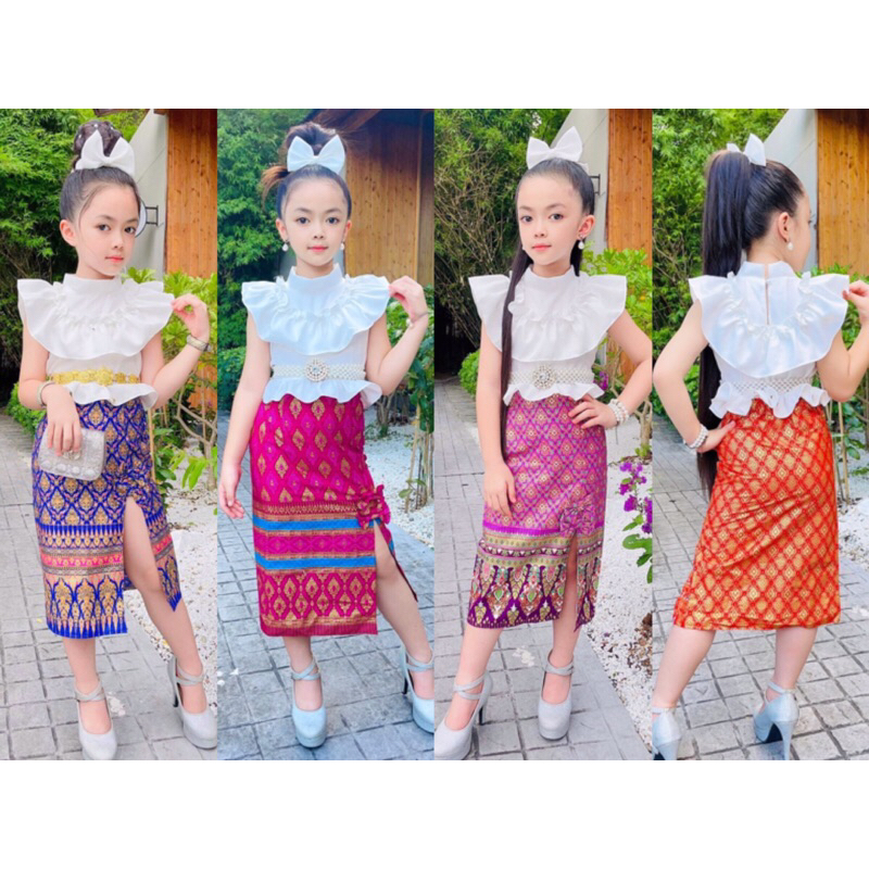 ชุดไทยเสื้อคอจีนระบายแขนกุด+กระโปรงยาวผ่าหน้าผ้าไทยพิมพ์ทองอย่างดี(ไม่รวมเครื่องประดับ)ชุดไทยใส่ไปโรงเรียนชุดไทยเด็กหญิง