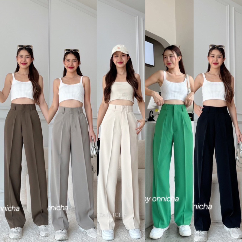 มี 5 สี S-XXXL🔥กางเกงขากระบอกกลางแต่งหูเข็มขัด ผ้าลิลลี่ ผ้าดีทรงสวย🚨