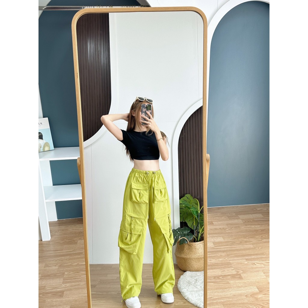 BKL พร้อมส่งในไทย 9825 กางเกงคาร์โก้ ป้ายA เอวสม็อคยางยืด มีเชือกรูดข้อเท้า ผ้าคอตตอนผสมโพลี