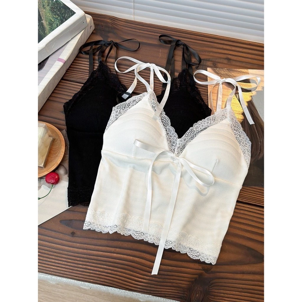 🌟B-264🌟เสื้อสายเดี่ยวขอบลูกไม้ สายผูก ดีเทลโบว์ มีฟองน้ำในตัว 🌟