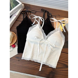 🌟B-264🌟เสื้อสายเดี่ยวขอบลูกไม้ สายผูก ดีเทลโบว์ มีฟองน้ำในตัว 🌟