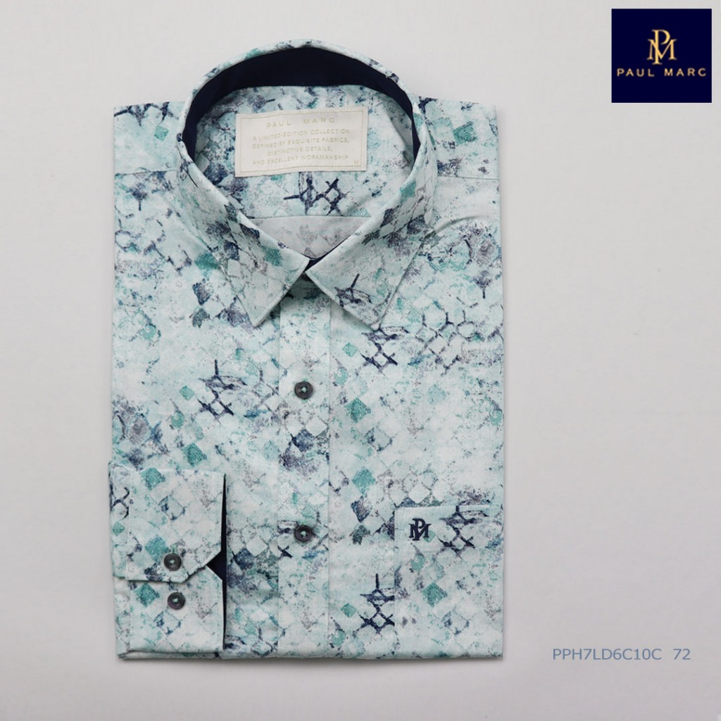 PAUL MARC เสื้อเชิ้ตพิมพ์ลายแขนยาว สีฟ้าเขียวพาสเทล slim fit ผ้านุ่มพิเศษ