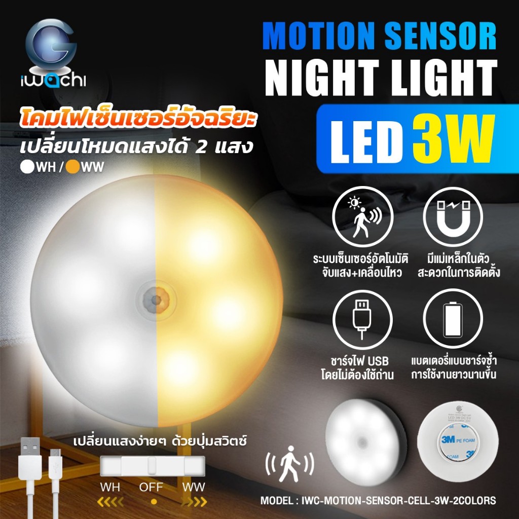 โคมไฟเซ็นเซอร์ เปลี่ยนแสงได้ 2 แสง IWC-MOTION-SENSOR-CELL-3W-2COLORS