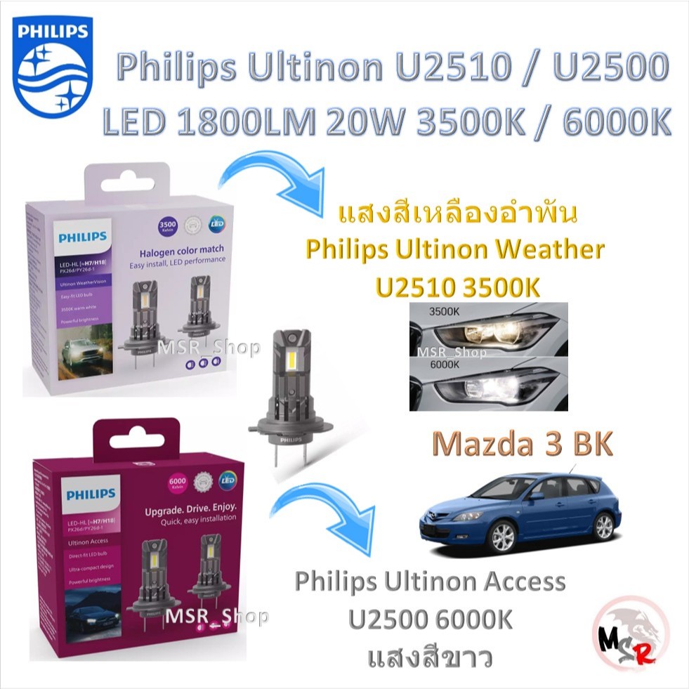 Philips หลอดไฟหน้ารถยนต์ LED Weather Vision U2510 3500K / Access U2500 6000K 1800LM Mazda 3 BK
