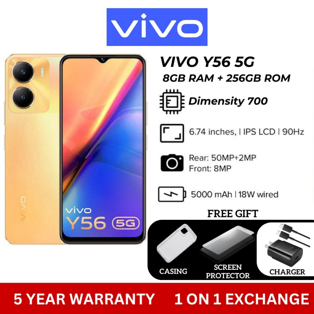 Vivo Y56 [8+256GB] 5G 6.58 นิ้ว สมาร์ทโฟน Android 11 ดีไซน์ล้ำสมัย เครื่องแท้ กล้อง HD