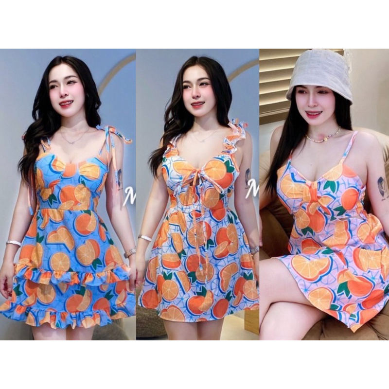 💰Pangpang💰 เดรส ลายส้ม น่ารักมากค่ะ เซ็กซี่ ผ้าด็อบบี้ เสริมฟองน้ำ รอบอก32-36 ยาว30