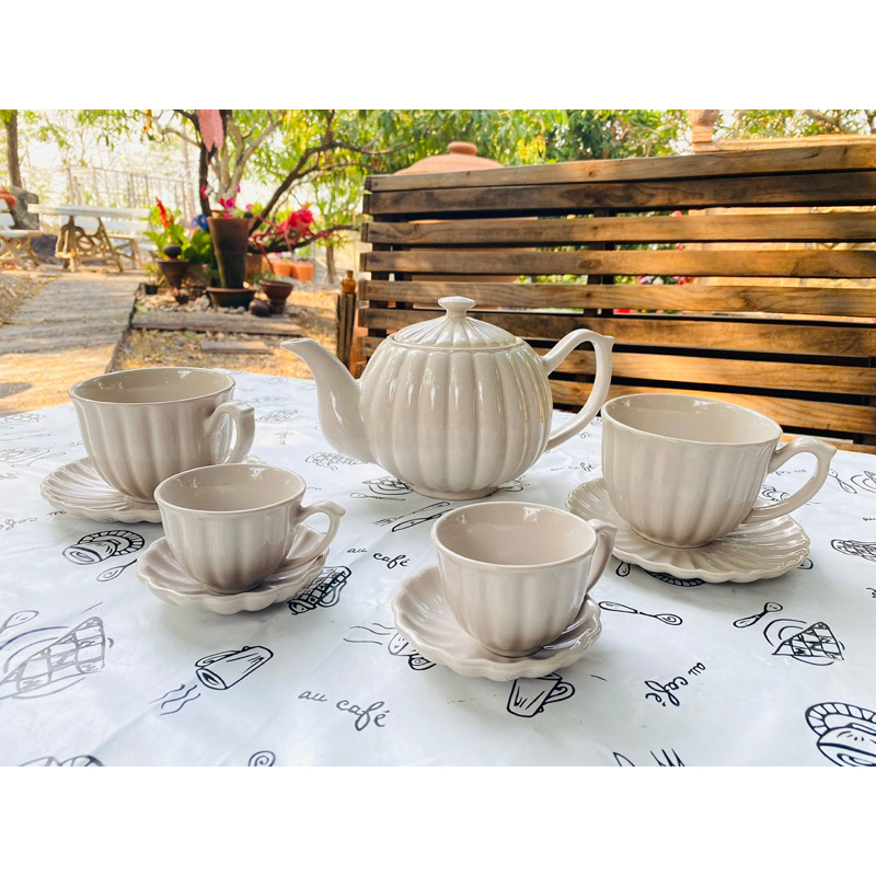 ชุดกาน้ำชา กาน้ำชาเซรามิค เซตกาน้ำชาอังกฤษ ลายเปลือกหอยสีครีม - รูปที่ 5