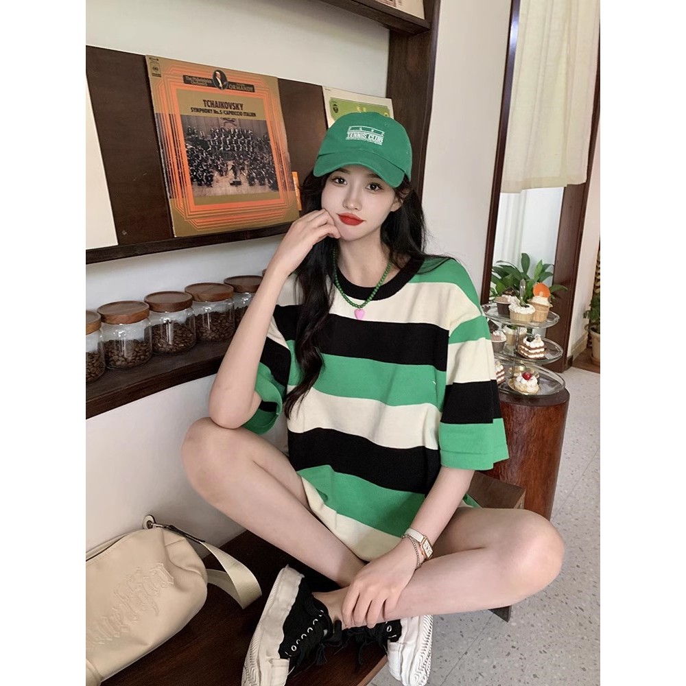 เสื้อยืดลายทางสวยๆผู้หญิงฤดูร้อนใหม่ Oversize เสื้อผ้าแฟชั่นวัยรุ่น เสื้อเสื้อโอเวอร์ไซต์แขนสั้นแบบหลวมสไตล์เกาหลี XXL - รูปที่ 2