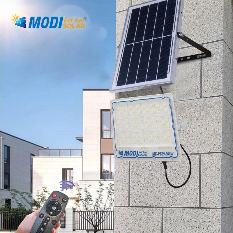 MODI โคมไฟสปอตไลท์โซล่าเซลล์รุ่น100W/200W/300W/400  (แสงขาว/เปิดได้ 3 แสง) สายยาว 5M รีโมทคอนโทรล