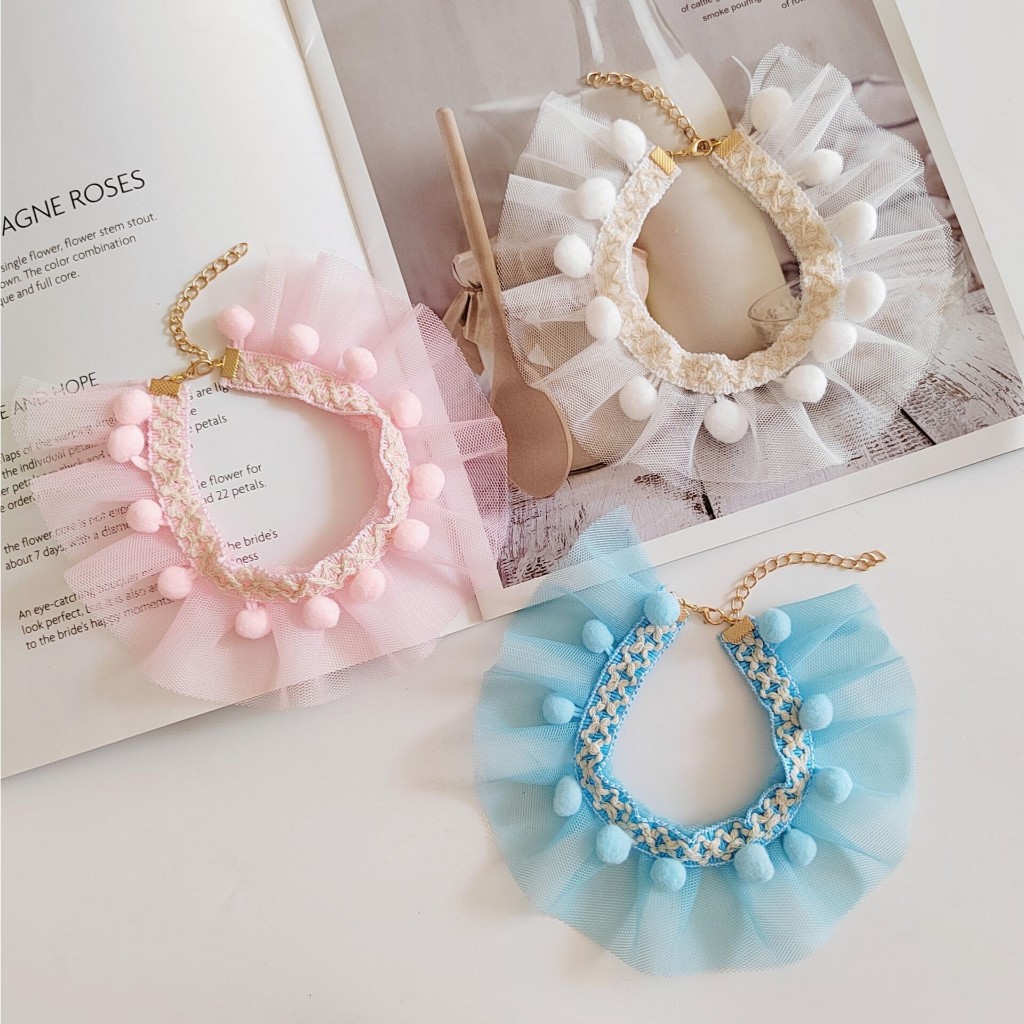 PEKO PET&CAT [ปลอกคอ096] ปลอกคอแมวสไตส์เจ้าหญิง สวยหวาน ผ้าชีฟองตกแต่งปอมปอม ปลอกคอแมวและสุนัข