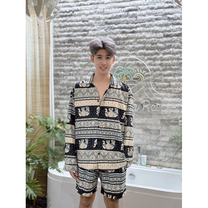 TANTANOD -รหัสL4 เสื้อเชิ๊ตช้างสไตล์เกาหลี เสื้อเชิ๊ตแขนยาว กางเกงขาสั้น