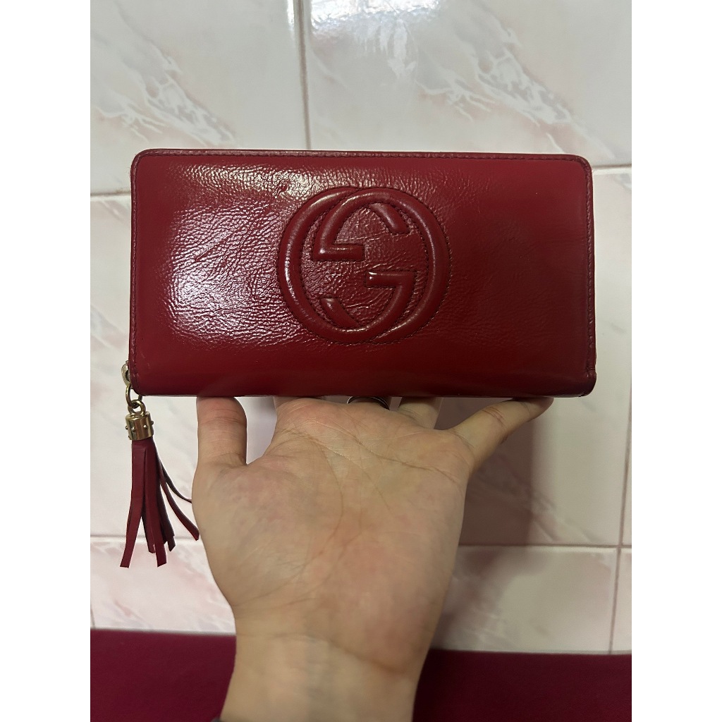 กระเป๋าสตางค์ใบยาว GUCCI Leather Long Wallet สีแดงเชอรี มือสอง แท้100%