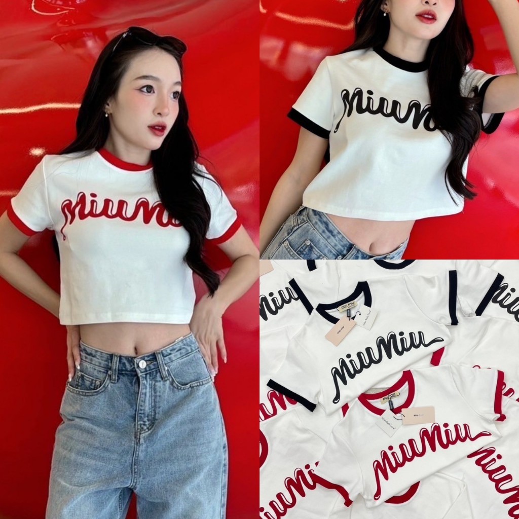 เสื้อยืดทรงครอปแบรนด์ดัง ลายใหม่ชนช็อป ลายน่ารักสุดๆ เนื้อผ้าดี ดีเทลตัดขอบแขนและคอเสื้อ ไม่สั้นไม่ยาวเกินไป
