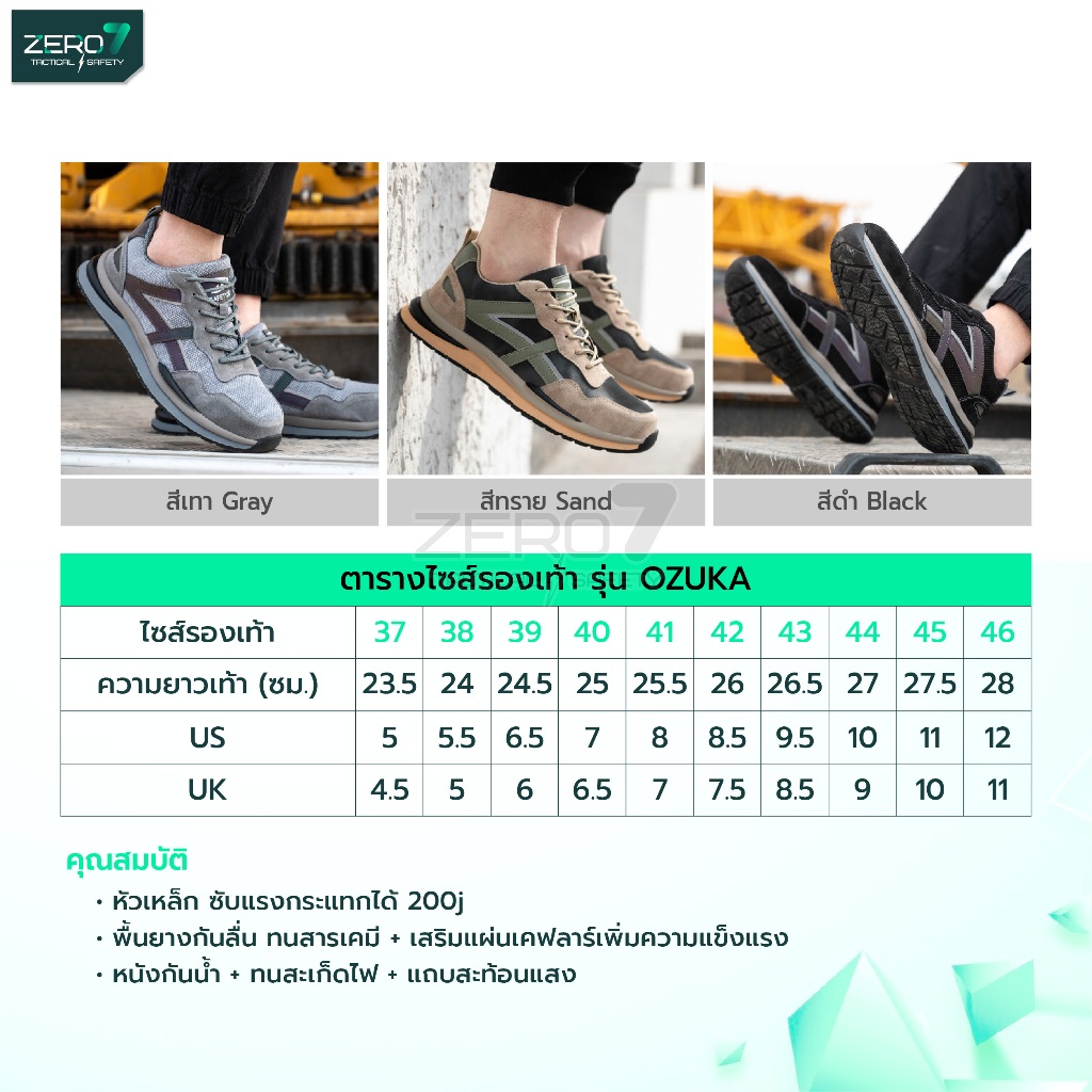 รองเท้าเซฟตี้ (Safety) รุ่น OZUKA  หัวเหล็กกันชน มีแถบสะท้อนแสง พื้นยางกันลื่น เพิ่มความปลอดภัย