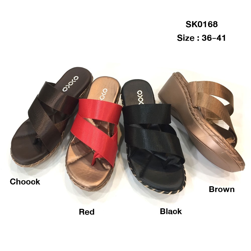 prettycomfort รองเท้าแตะเพื่อสุขภาพ แฟชั่น หน้าสวม ส้นเตารีดเย็บเชือก สูง2.5นิ้ว ทำด้วยหนังพียู นิ่มใส่สบาย SK0168