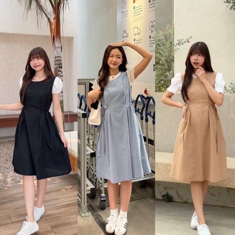 Teera พร้อมส่ง เดรสคอกลมผ้าลินินผสมฝ้าย ดีเทลผูกข้างน่ารักมากกก nanny