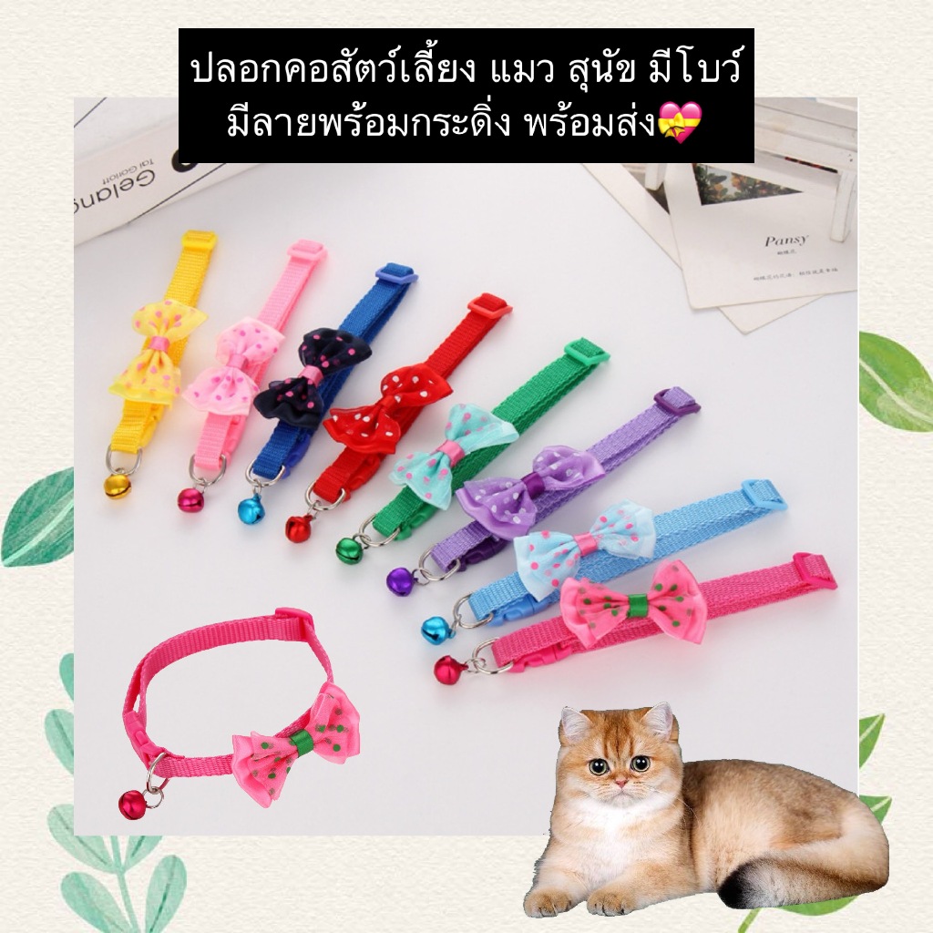 PP-1140 🎀 ปลอกคอสัตว์เลี้ยง โบว์ลายจุด พร้อมกระดิ่ง น่ารักสุดๆ 🎀พร้อมส่ง