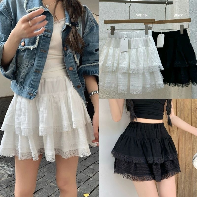 LADY_JEANS#918(K)กระโปรงสั้น พลีทลูกไม้ทรงสวยมาก มีซับในผู้หญิง พร้อมส่ง