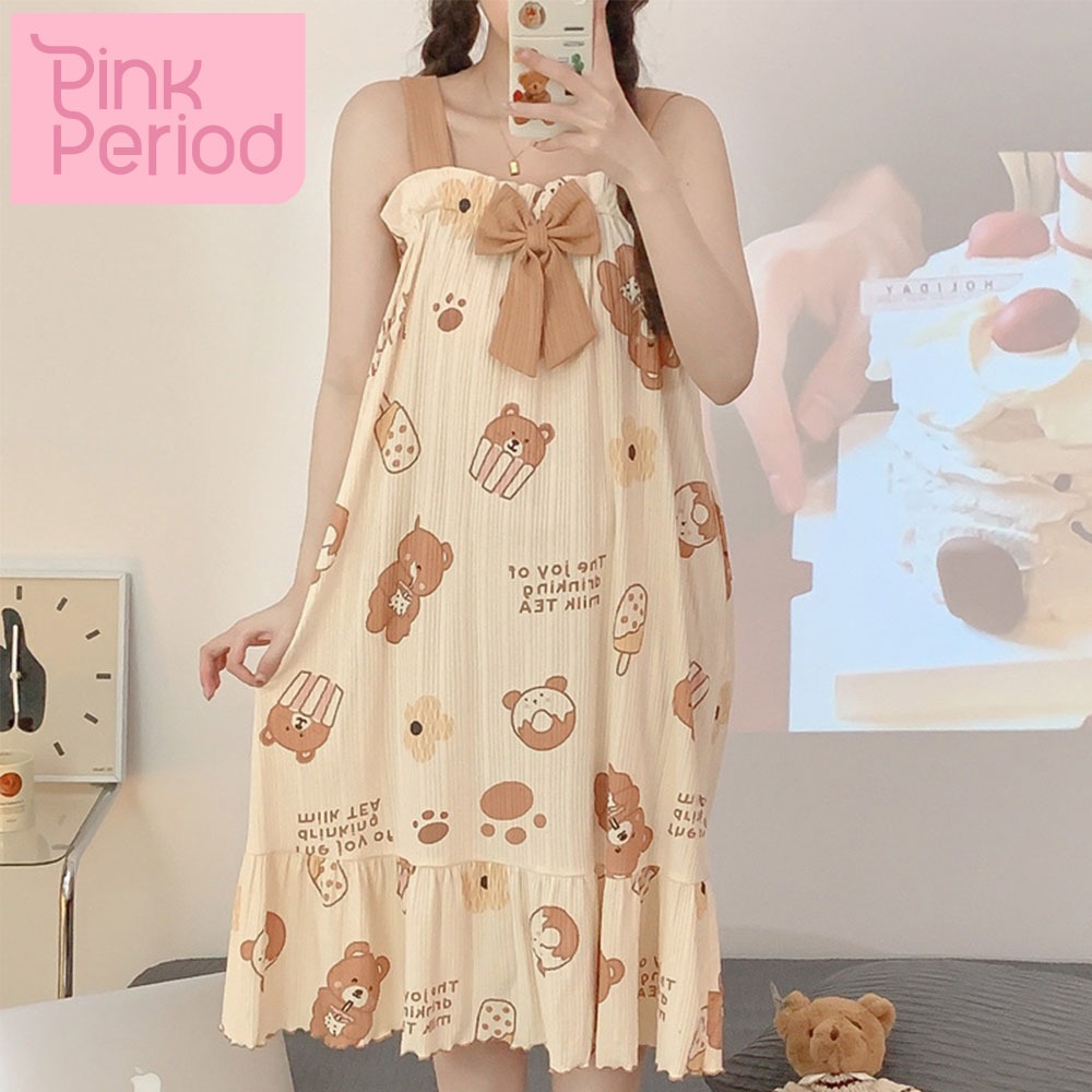 Pink Period🎀สไตล์เกาหลีน่ารัก，🧸 ชุดนอน ลายน่ารัก ชุดนอนผ้าคอนตอน ชุดนอนใส่สบาย，ชุดสไตล์ น่ารัก สไตล์เจ้าหญิงหวาน  HW-009