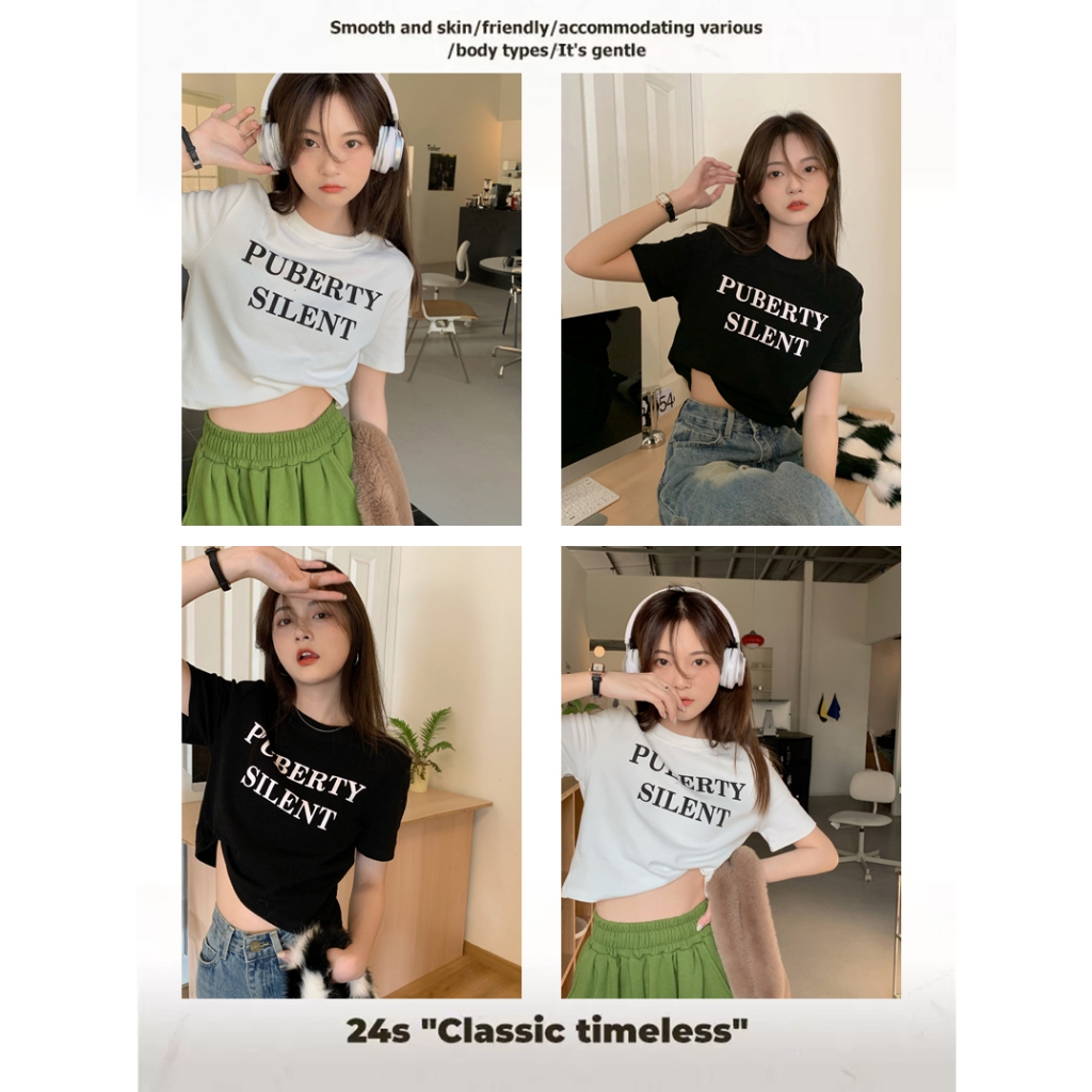 NAYIGUOJI เสื้อครอป เสื้อครอปสั้น เสื้อยืดผู้หญิง ทรงสลิมฟิต แฟชั่นฤดูร้อน T-shirt ส่งตรงเวลา