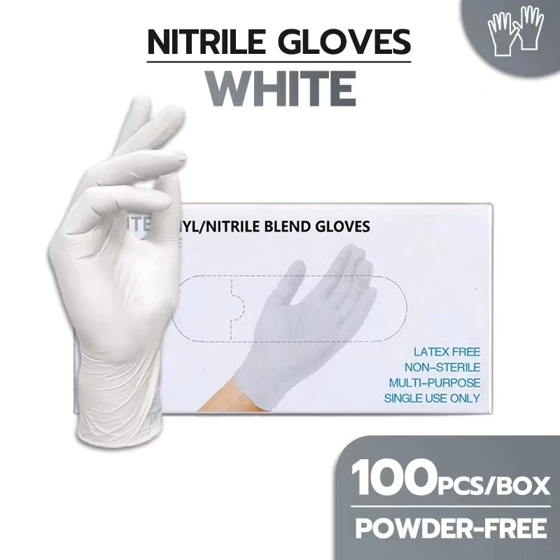 ขาว ถุงมือยางไนไตรสี ถุงมือแพทย์ 100% ชนิดไม่มีแป้ง 100 ชิ้น สัมผัสอาหารได้ มีมาตราฐาน