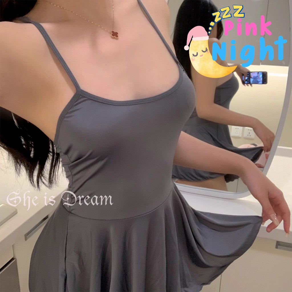 PINK NIGHT ชุดนอน สายเดี่ยว ชุดนอนเดรส ชุดนอนคนอวบบางๆกระโปรงเซ็กซี่ผ้ายืด 🌈ไซต์ M-XL P-358