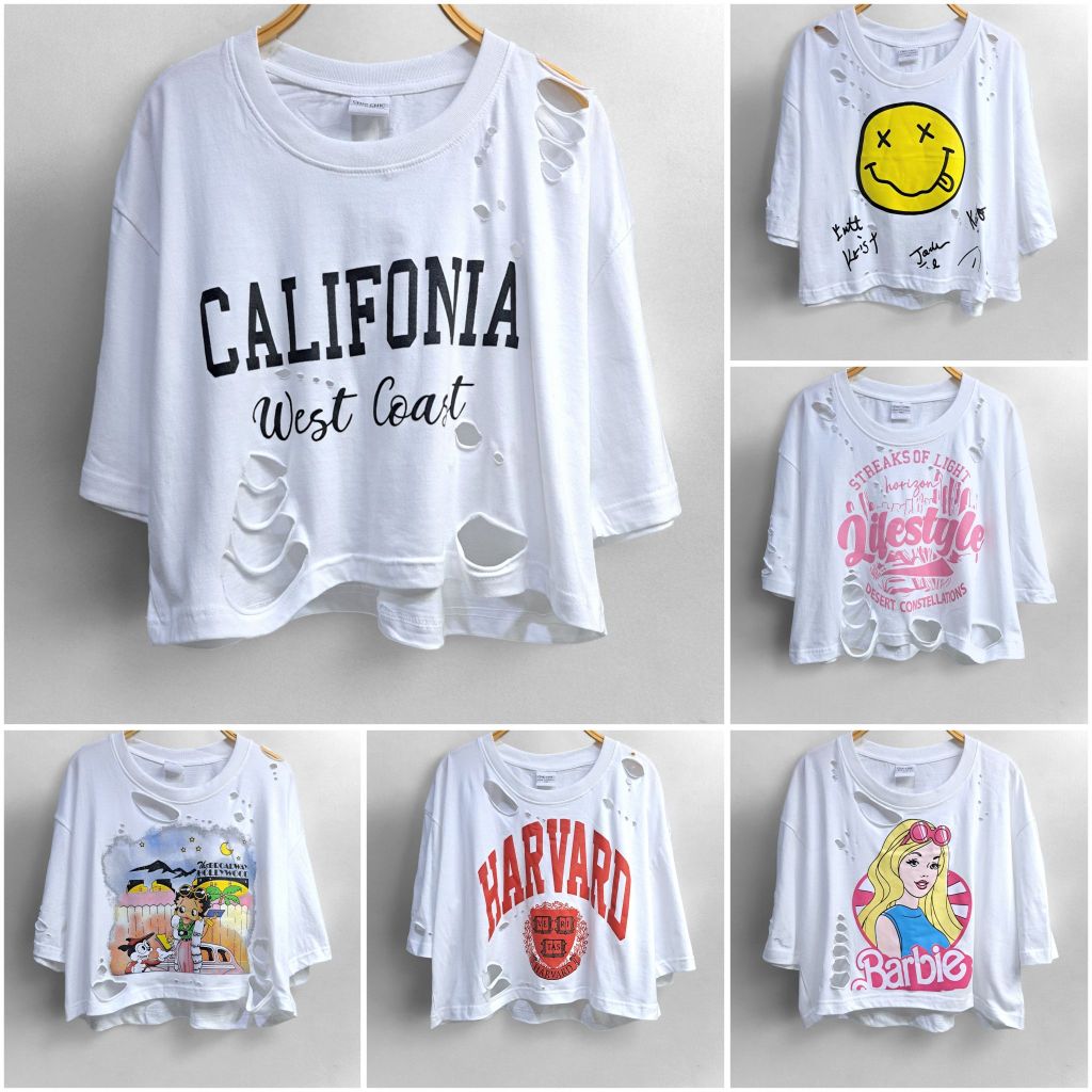 เสื้อขาด เสื้อครอปแต่งขาด สีขาว อก44-46" ยาว18" ลายน่ารัก ผ้าคอตตอน สินค้ามือหนึ่ง