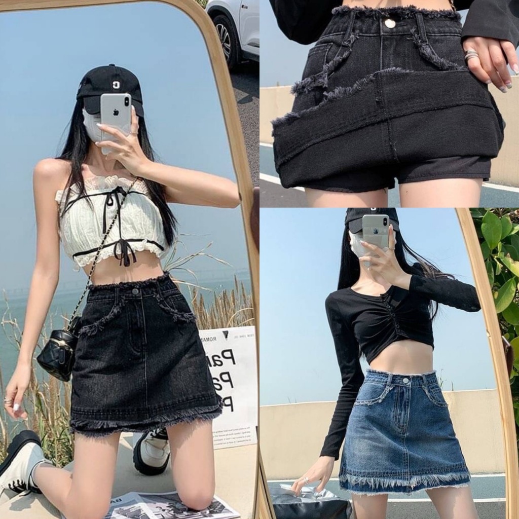 กระโปรงยีนส์สั้น เอวสูง SIZE S-5XL ผ้าไม่ยืด แต่งช่วงเอวปลายรุ่ย