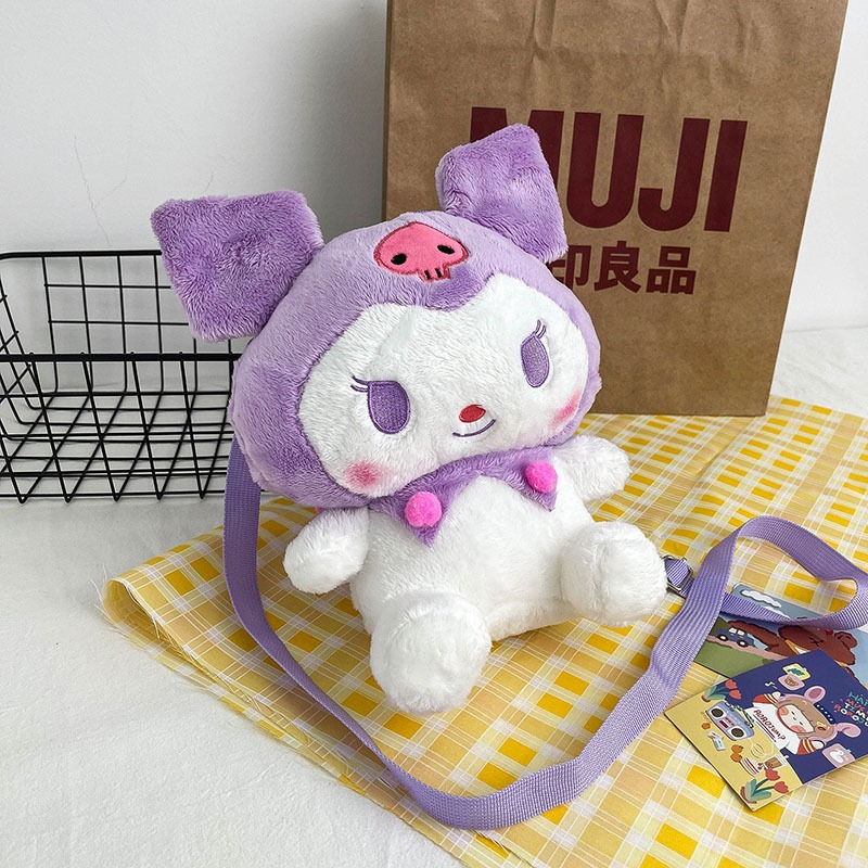 FUFU SHOP ระเป๋าเป้สะพายข้างสีดำสีม่วงตุ๊กตาคุโรมิ กระเป๋าสะพายไหล่ Kuromi My Melody Plush Bag Cute Cartoon Shoulder Bag