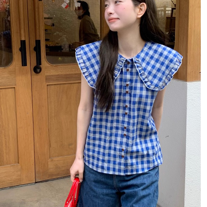 CHAWY gingham cute blouse C4466 เสื้อเบลาส์ เสื้อน่ารักๆ