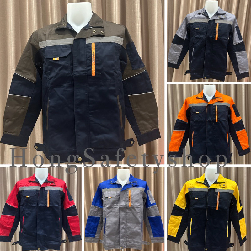 (พร้อมส่ง) เสื้อช็อปช่างแขนยาวรุ่นซิปหน้าเนื้อผ้าโพลีเอสเตอร์ผสมฝ้ายกันสะเก็ดไฟได้ 20% เป็นงานกระดุมทอง (S - 6XL)