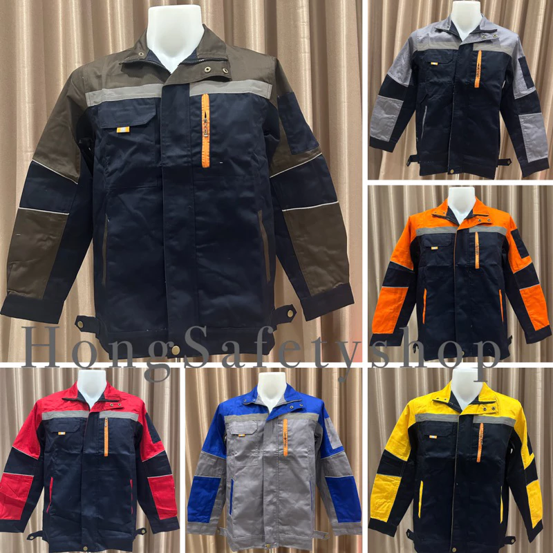 (พร้อมส่ง) เสื้อช็อปช่างแขนยาวรุ่นซิปหน้าเนื้อผ้าโพลีเอสเตอร์ผสมฝ้ายกันสะเก็ดไฟได้ 20% เป็นงานกระดุมทอง (S - 6XL)