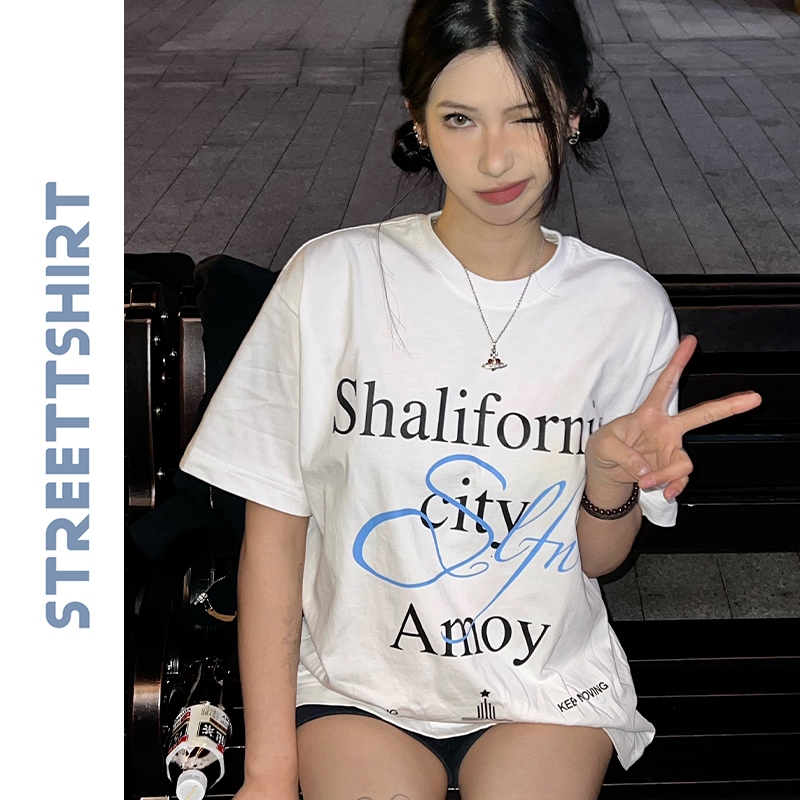 streettshirt เสื้อยืดคู่รักแขนสั้น เสื้อยืดพิมพ์ลายตัวอักษร ขนาดใหญ่พิเศษ จัดส่งจากประเทศไทยT009-050