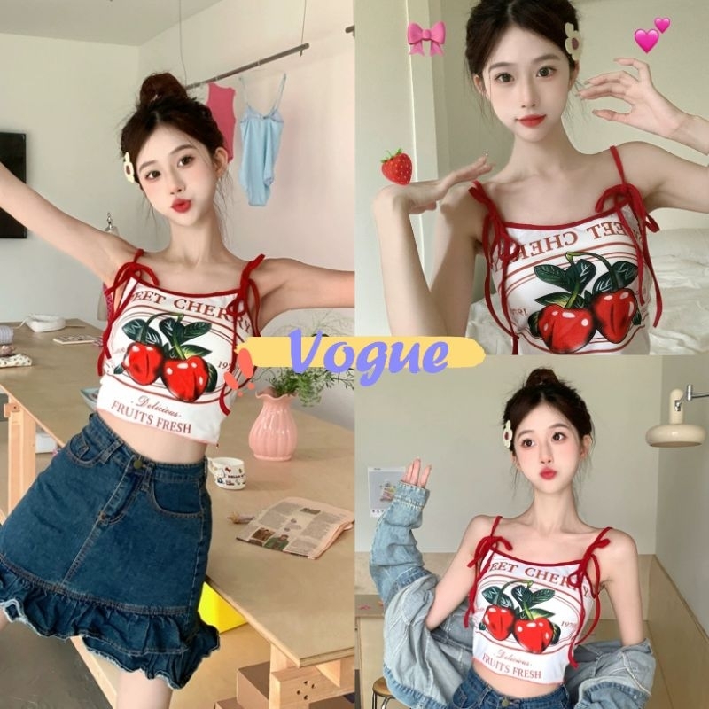 Vogue พร้อมส่ง เสื้อสายเดี่ยวไหมพรม แบบผูกหัวไหล่ ลายเชอร์รี่ สีขาวดำ เก๋ๆ (M5552)