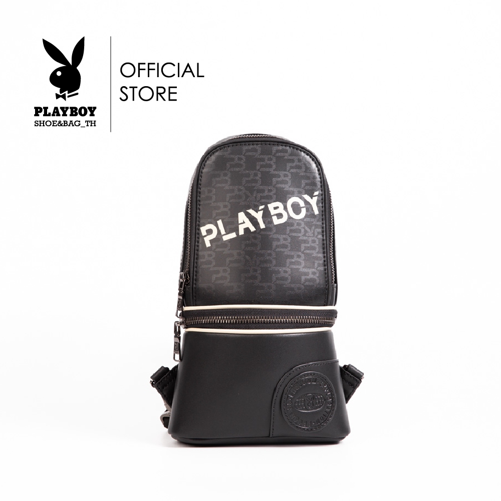 Playboy:Freedom Men's Bag กระเป๋าคาดอกทรงเป้ผู้ชาย รุ่น ST-B241PBM265-BK ดีไซน์ทรงเป้สกรีนโลโก้ตัวอักษรเฉียง สีดำ