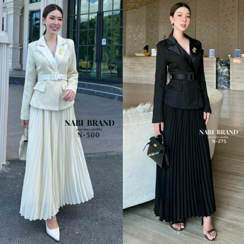 (S-XL) NABi พร้อมส่งชุดเซ็ท4ชิ้นเสื้อทวิตแขนยาว+กระโปรงอัดพลีท+เข็มขัด+เข็มกลัดสีทอง ผ้าดีมากสวยหรูดูดีชุดเดียวจบ