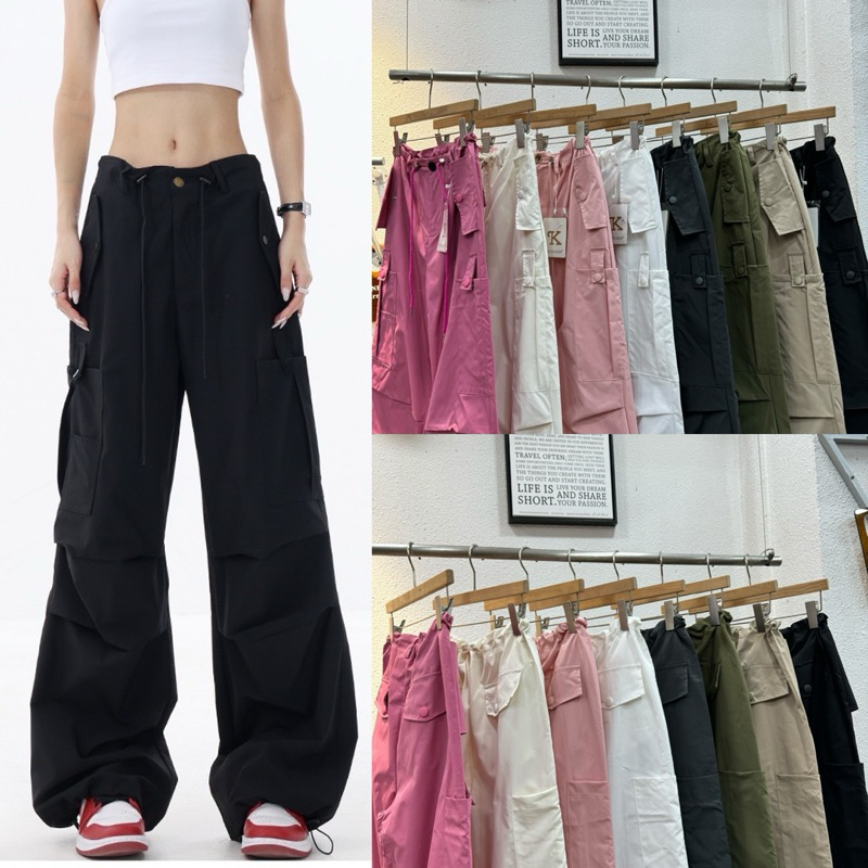 Gang_jeans#9233(K)กางเกงขายาวผ้าคาร์โก้ เชือกรูดมีตัวล๊อค มีกระเป๋าข้าง