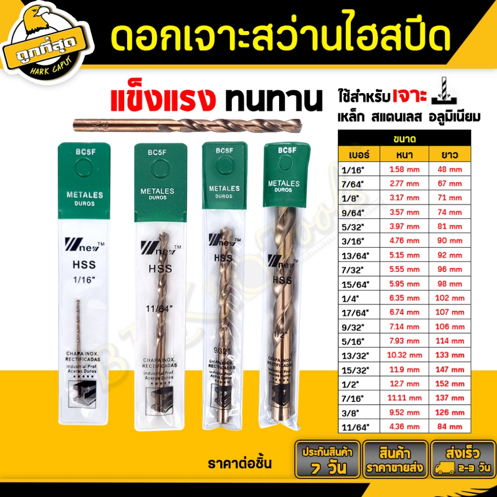 ดอกสว่านเจาะเหล็กHSS ดอกเจาะไฮสปีด เบอร์ 1/6-11/16" ดอกคม เจาะรู เหล็ก อลูมิเนียม พลาสติก ไม้ PVC