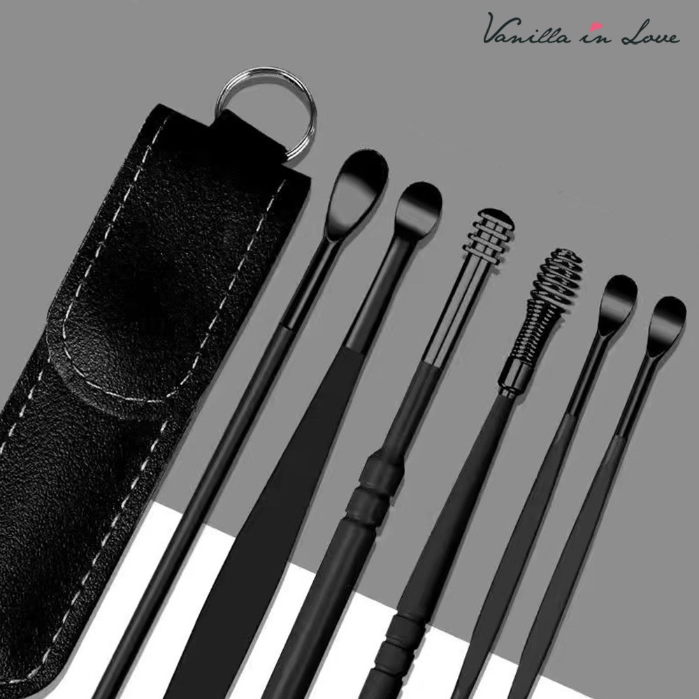 VE02 Set ไม้แคะหู ที่แคะหู Stainless steel 6 ชิ้น พร้อมซองใส่