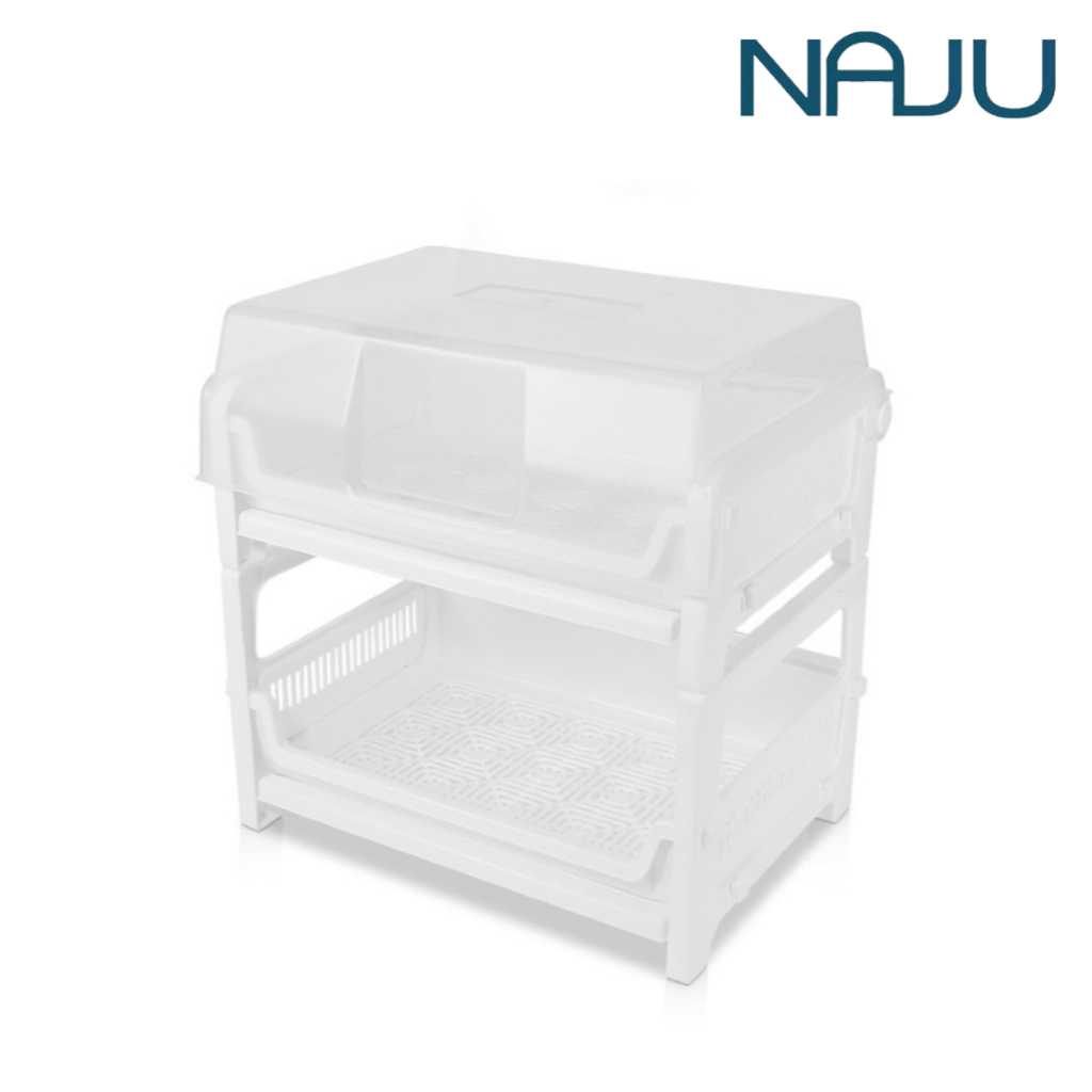 Naju ที่คว่ำจานพลาสติก 2 ชั้น ใส่จานได้ 28 ใบ มีฝาปิด ชั้นคว่ำมีฝาครอบ มีถาดระบายน้ำ 40x28x42cm ชั้น