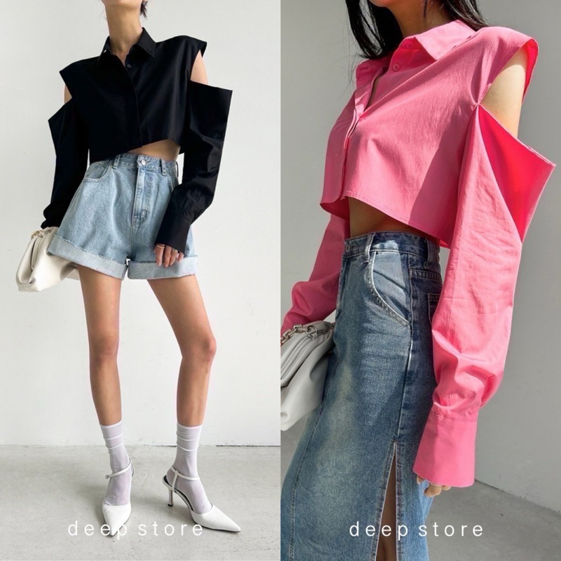 WPB Crop Shirt เสื้อเชิ้ตคอปก ทรงแขนยาว สไตล์ Crop Top ดีไซน์เว้าช่วงไหล่ มีกระดุมด้านหน้า