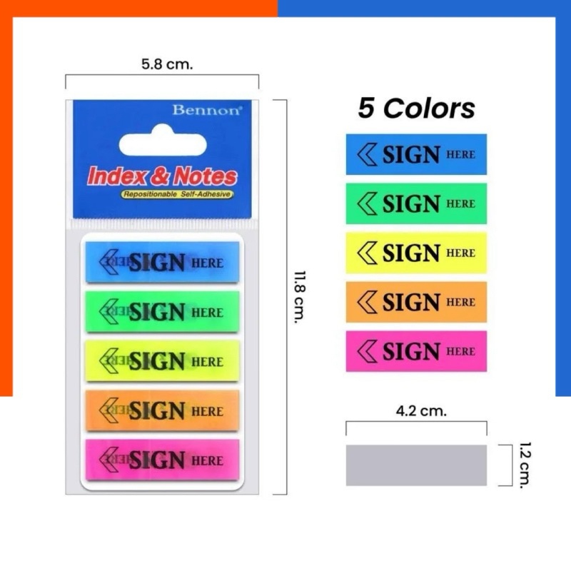 สติ๊กโน๊ต 5 สี มีคำว่า SIGN HERE / สีล้วน ฟิล์มโน๊ต ห้าสี BENNON 07339 คั่นหน้า สี 5 สี ฟิล์ม โน๊ต โน้ต หน้า US.Station