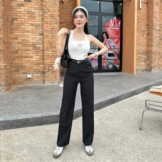🌈SpinnyHouse🌈กางเกงขากระบอก กางเกงเอวสูง เก็บพุง 💖 กางเกงใส่ทำงาน พรางหุ่น กระเป๋าใช้งานได้จริง รุ่น กางเกงa80