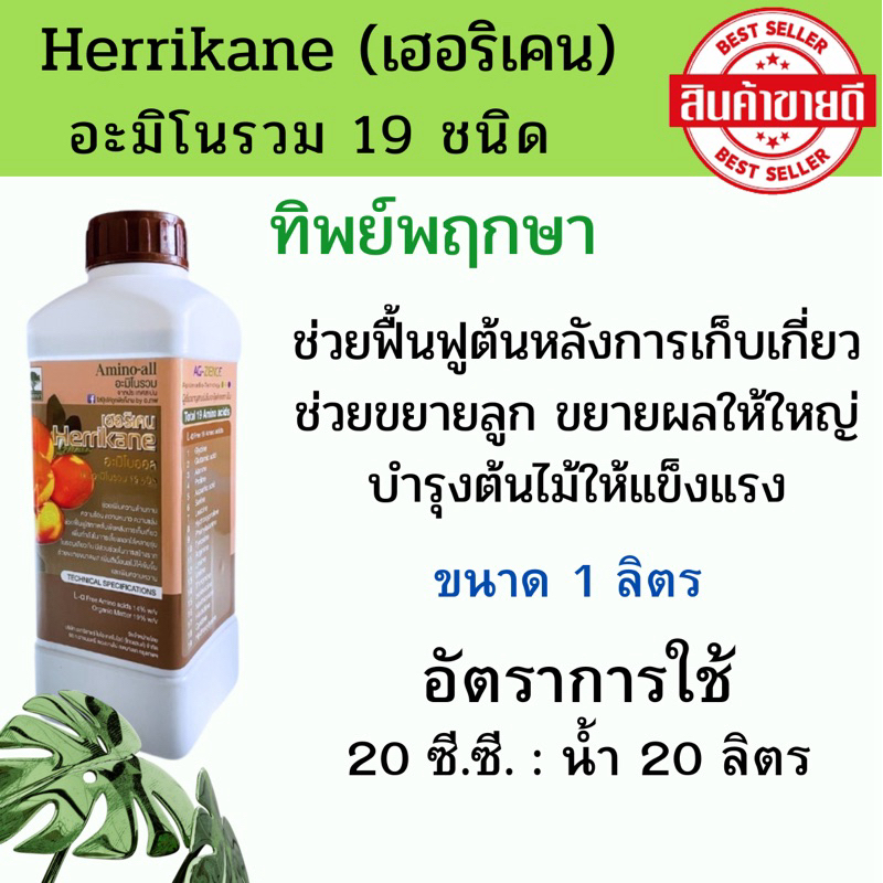 ธาตุอาหารรอง-เสริม ปุ๋ยคีเลตทางใบ เฮอริเคน อะมิโนรวม 19 ชนิด ทิพย์พฤกษา ขนาด 1 ลิตร