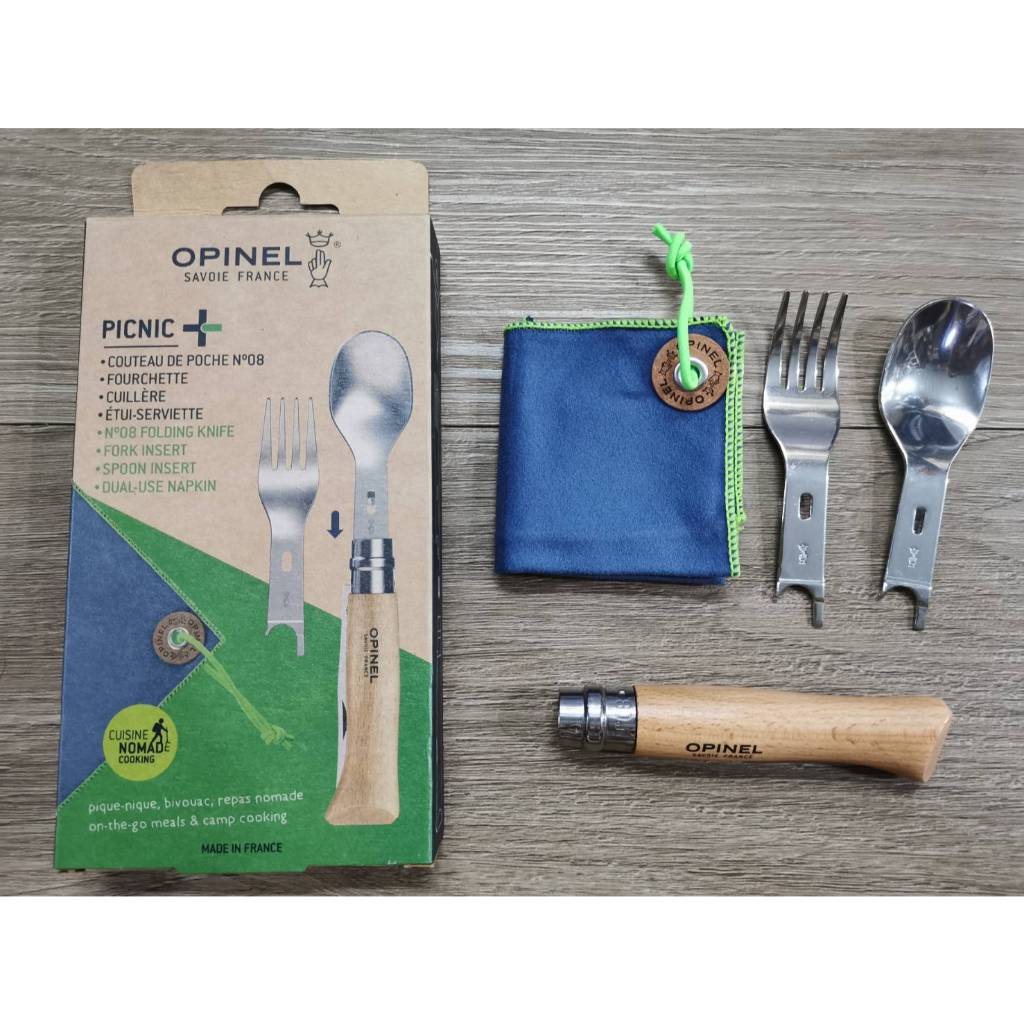 Opinel Plus Picnic with No.8 Beech มีด Opinel No.8 และชุดช้อนส้อมพกพา พร้อมผ้าเก็บ by Jeep Camping