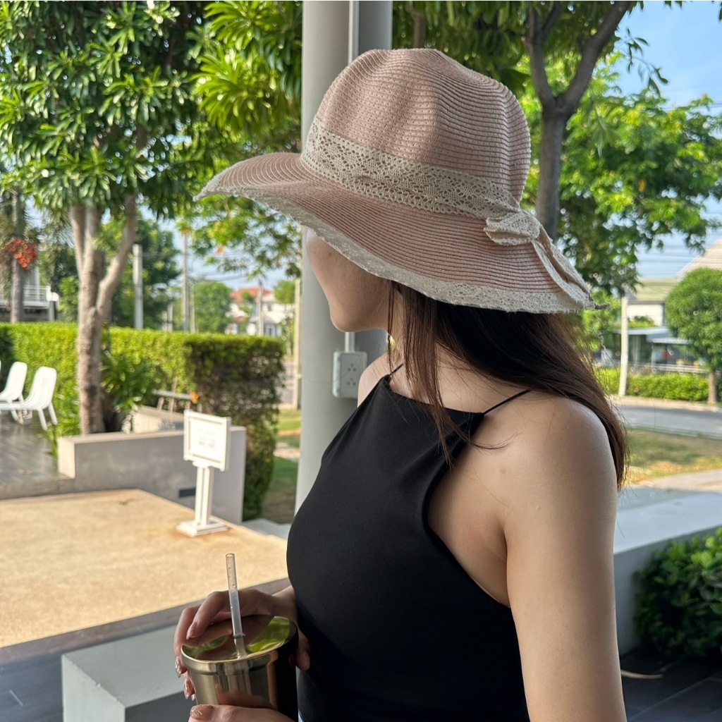 หมวกฟางเชือกถัก หมวกฟาง แต่งลูกไม้ สไตล์ เกาหลี เหมาะกับเดินชายหาด A084 แฟชั่นฤดูร้อน สำหรับผู้หญิง ครีม กากี ชมพู