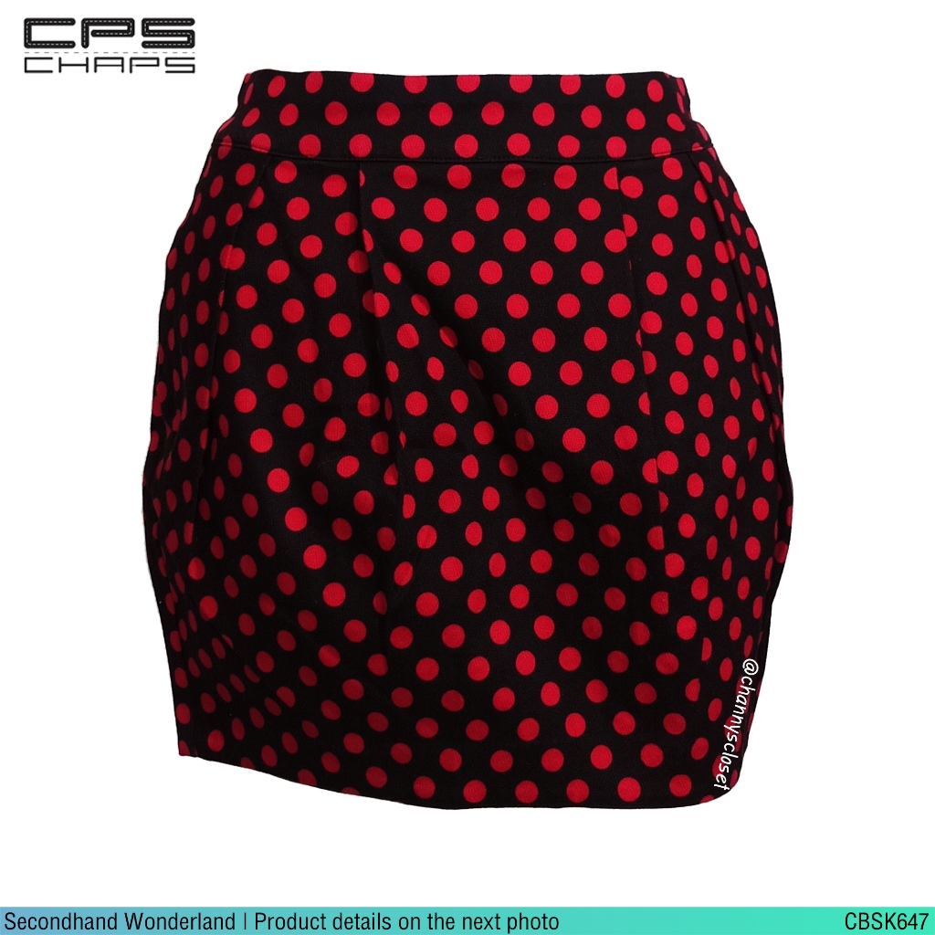 💖USED CPS Chaps - Black Polka Dot Mini Skirt | กระโปรงสั้นสีดำ สีแดง เอวปกติ กระโปรงทรงดินสอ วินเทจ 