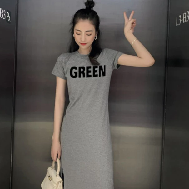 fashiongirl1688👗 เดรสยาวเเขนสั้น ผ้าฝ้าย เนื้อดี ยืดหยุ่นเยอะ รุ่นขายดี คอกลม กระโปรง แฟชั้นผู้หญิง