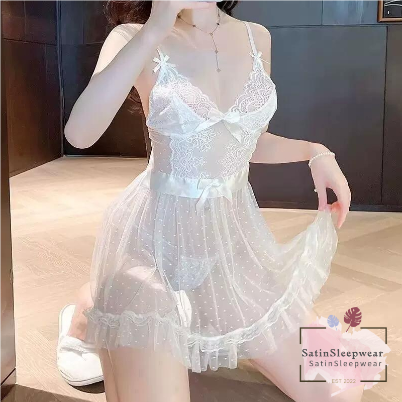 SatinSleepwear ชุดนอนเซ็กซี่ซีทรู ชุดนอนลูกไม้ บางและเบา วัสดุหมวกสีดำและสีขาว H9217